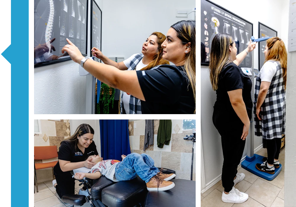 Collage showing spinal image review, a child on a treatment table, and a posture assessment on a scale device. Collage showing a patient examination, wrist assessment, and cupping therapy equipment arranged in a multi-image layout.