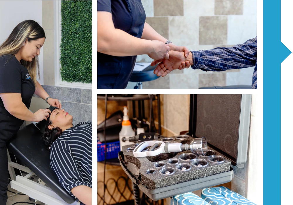 Collage showing a patient examination, wrist assessment, and cupping therapy equipment arranged in a multi-image layout.